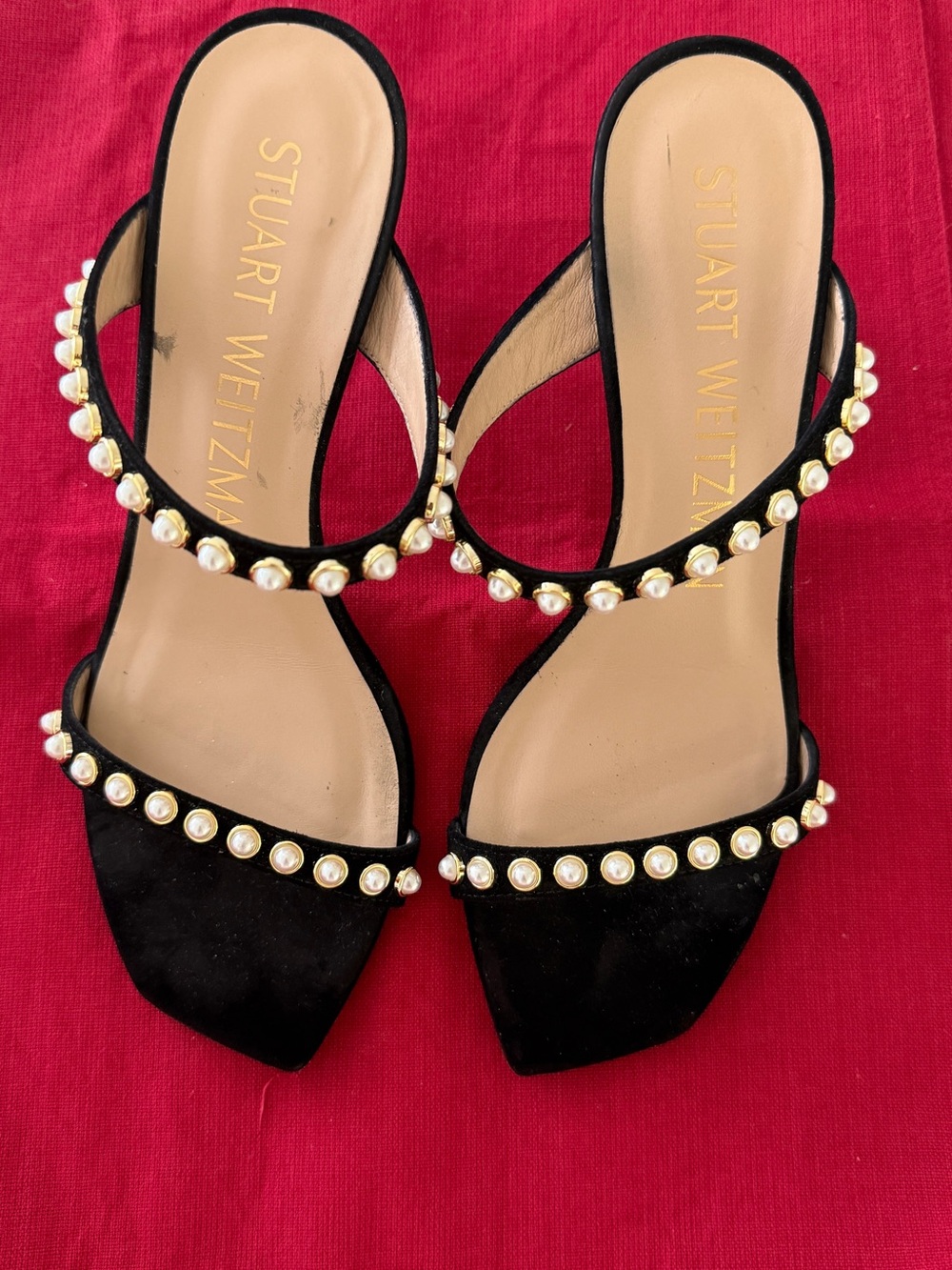 Stuart Weitzman Black Pearl-Trim Suede Slide Mules